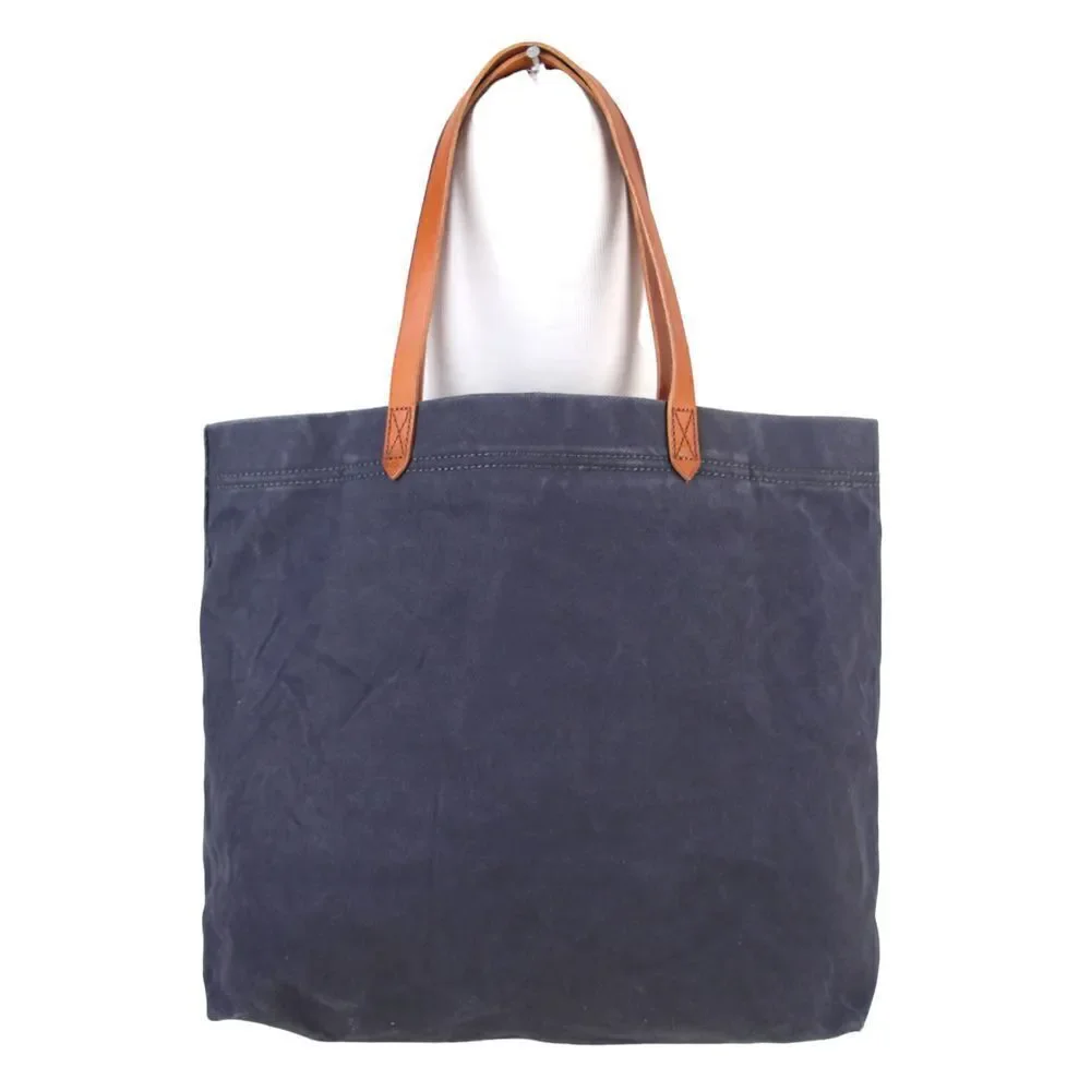 LARGE Madewell DARK BLUE COTTON BROWN LEATHER HANDLES SHOULDER BAG TOTE HANDBAG - Picture 4 of 12